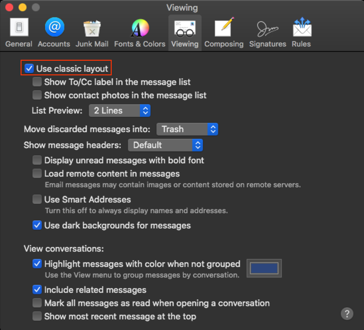 Use Mail classic layout option
