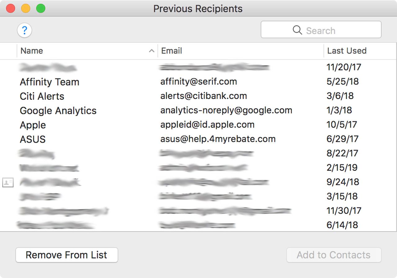 Mail's Previous Recipients window.