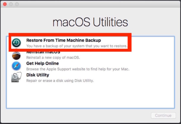 MacOS Utilities choose Time Machine