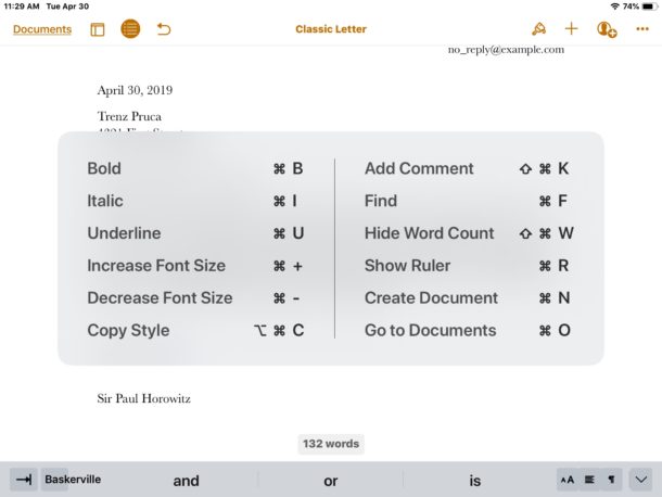 Pages for iPad keyboard shortcuts cheat sheet visible within Pages by holding COMMAND key